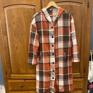 Plaid Hooded Women's Coat - Orange, Brown, White